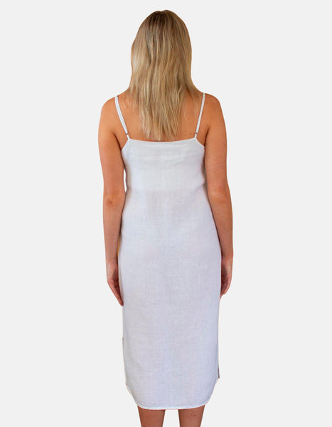 White Linen Slip Dress With Adjustable Straps Midi Sleep Dress